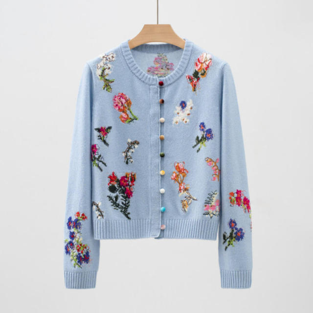 Factory Direct Gray Floral Embroidered Button-Up Cropped Cardigan Sweater