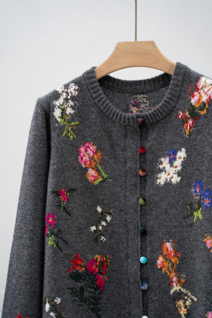 Factory Direct Gray Floral Embroidered Button-Up Cropped Cardigan Sweater