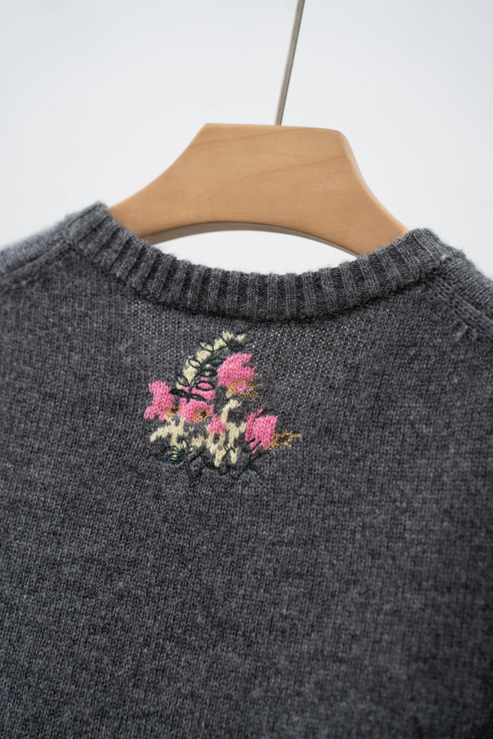 Factory Direct Gray Floral Embroidered Button-Up Cropped Cardigan Sweater