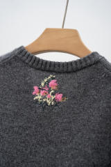 Factory Direct Gray Floral Embroidered Button-Up Cropped Cardigan Sweater