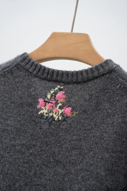Factory Direct Gray Floral Embroidered Button-Up Cropped Cardigan Sweater