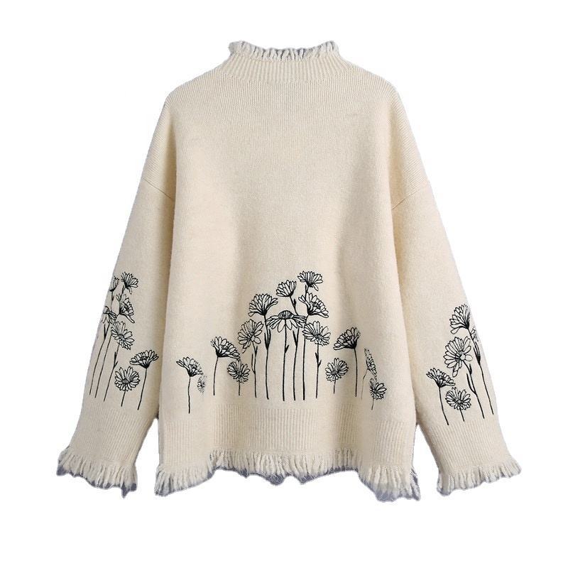 Factory Direct Ivory Meadow Floral Embroidered Oversized Knit Sweater