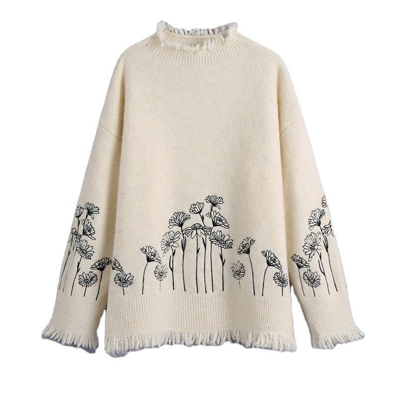 Factory Direct Ivory Meadow Floral Embroidered Oversized Knit Sweater