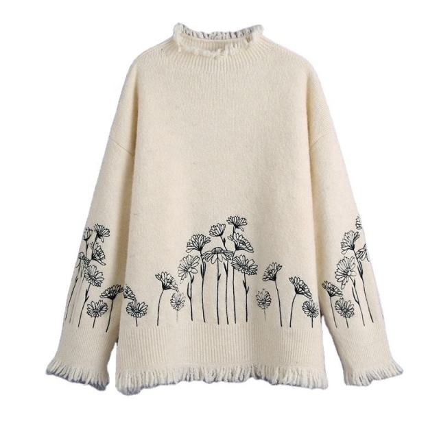 Factory Direct Ivory Meadow Floral Embroidered Oversized Knit Sweater