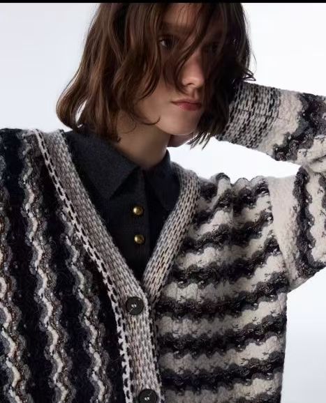 Factory Direct Monochrome Textured Stripe Chain-Trim Cardigan Jacket