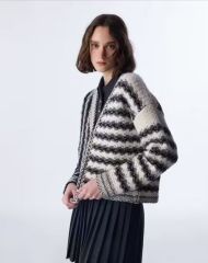 Factory Direct Monochrome Textured Stripe Chain-Trim Cardigan Jacket