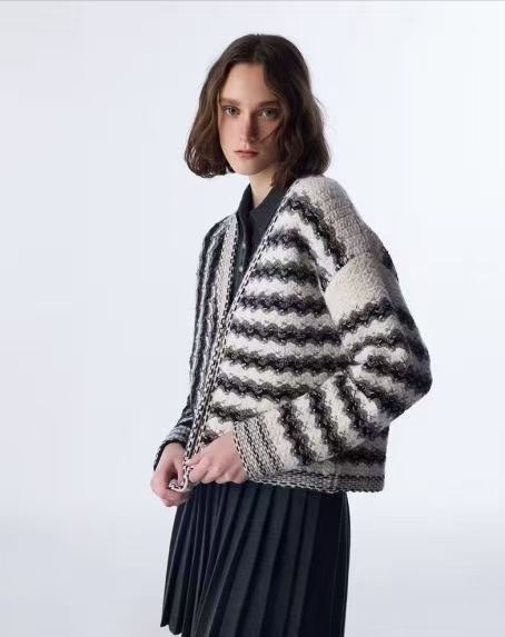 Factory Direct Monochrome Textured Stripe Chain-Trim Cardigan Jacket