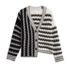 Factory Direct Monochrome Textured Stripe Chain-Trim Cardigan Jacket