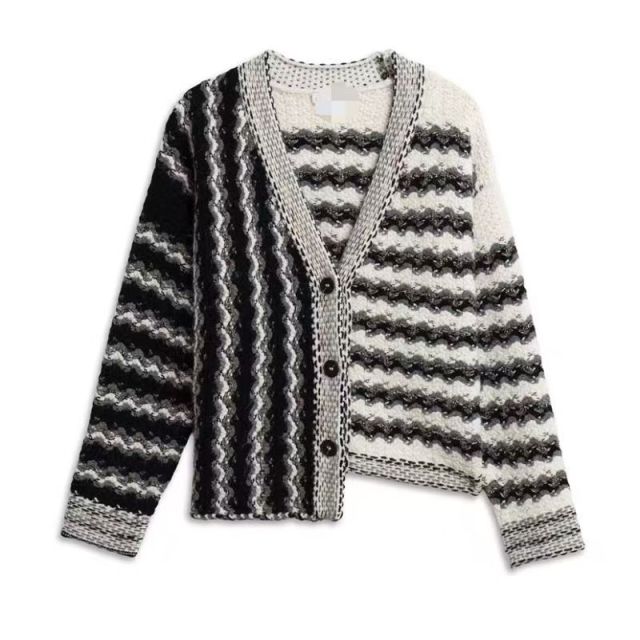 Factory Direct Monochrome Textured Stripe Chain-Trim Cardigan Jacket