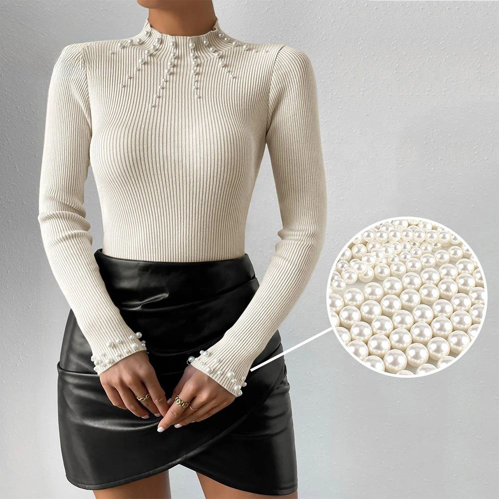 Factory Direct Women’s Black Ribbed Pearl-Embellished Long-Sleeve Sweater