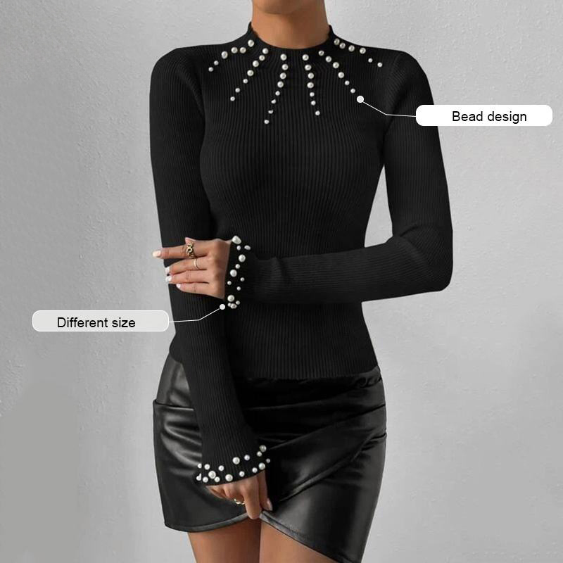 Factory Direct Women’s Black Ribbed Pearl-Embellished Long-Sleeve Sweater