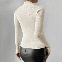 Factory Direct Women’s Black Ribbed Pearl-Embellished Long-Sleeve Sweater