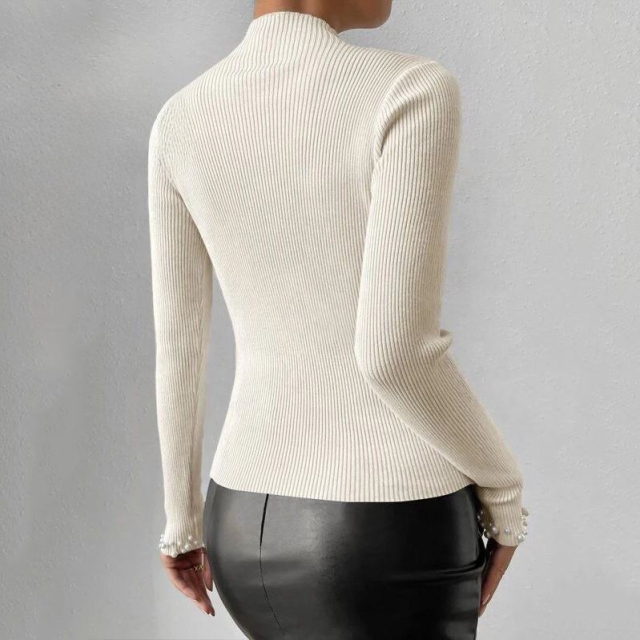 Factory Direct Women’s Black Ribbed Pearl-Embellished Long-Sleeve Sweater