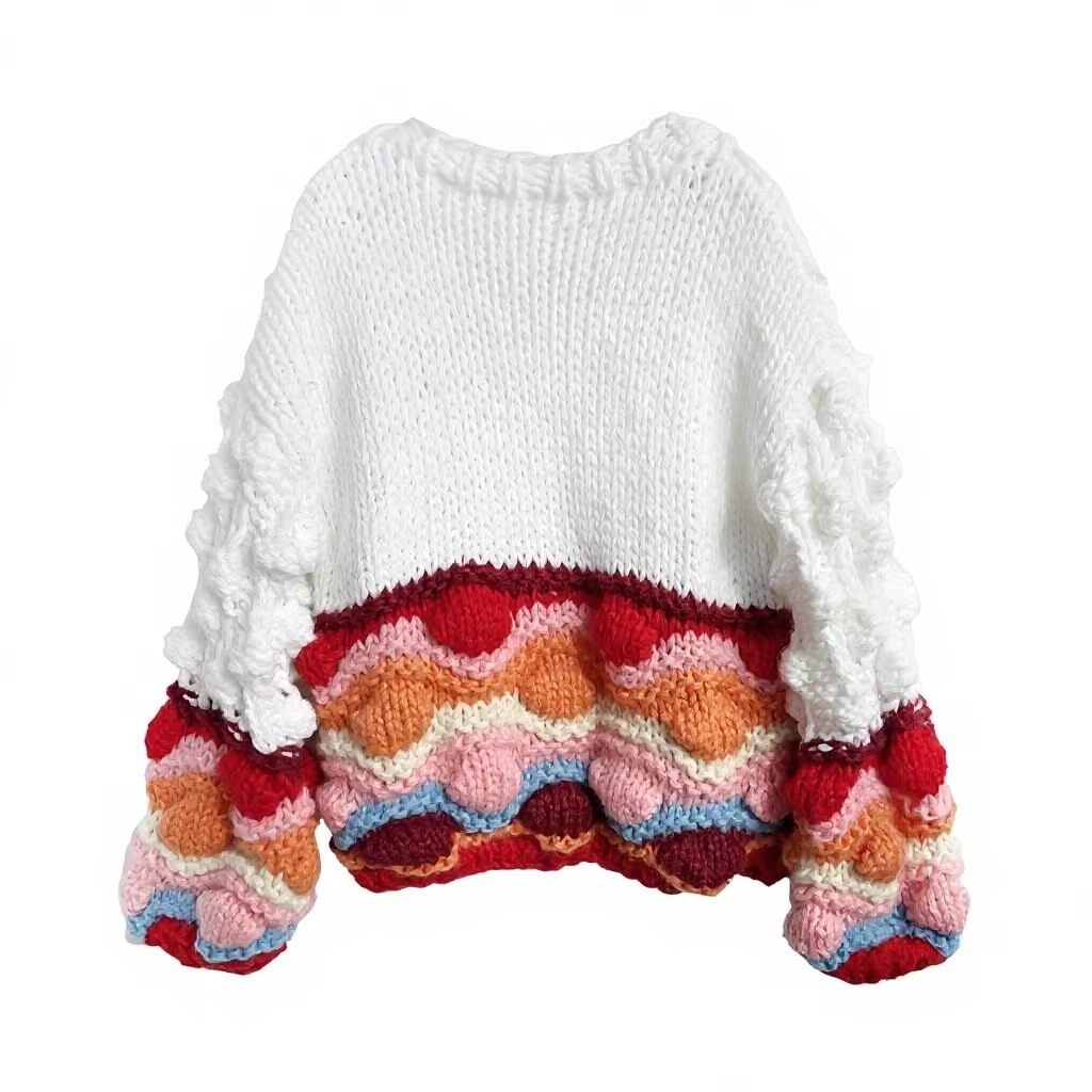 Factory Direct Women’s White Textured Chunky Knit Cardigan with Colorful Bobble Sleeves