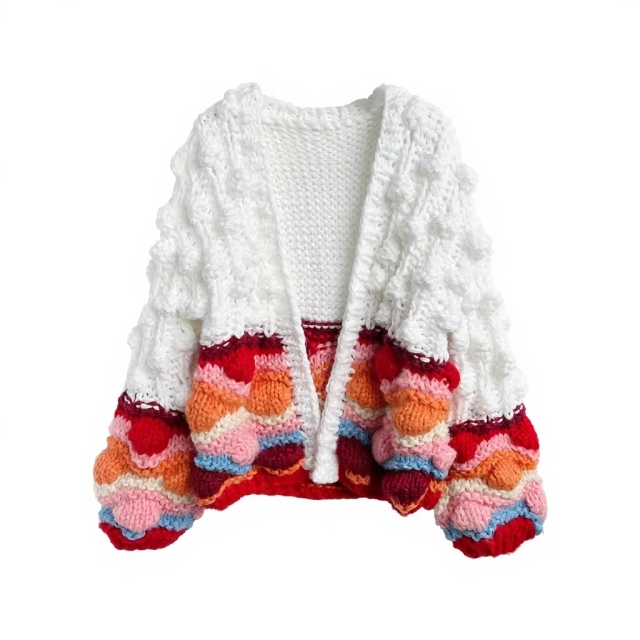 Factory Direct Women’s White Textured Chunky Knit Cardigan with Colorful Bobble Sleeves