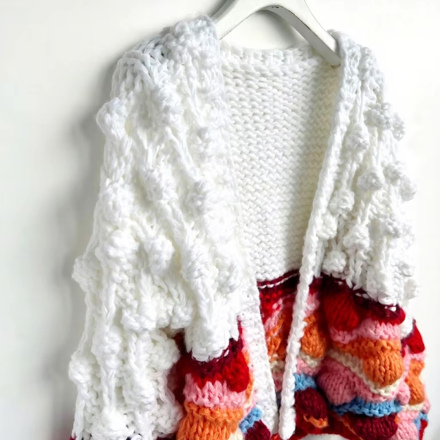 Factory Direct Women’s White Textured Chunky Knit Cardigan with Colorful Bobble Sleeves