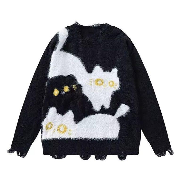 Factory Direct Women’s Mustard Yellow Fuzzy Cat Graphic Oversized Sweater
