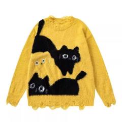 Factory Direct Women’s Mustard Yellow Fuzzy Cat Graphic Oversized Sweater
