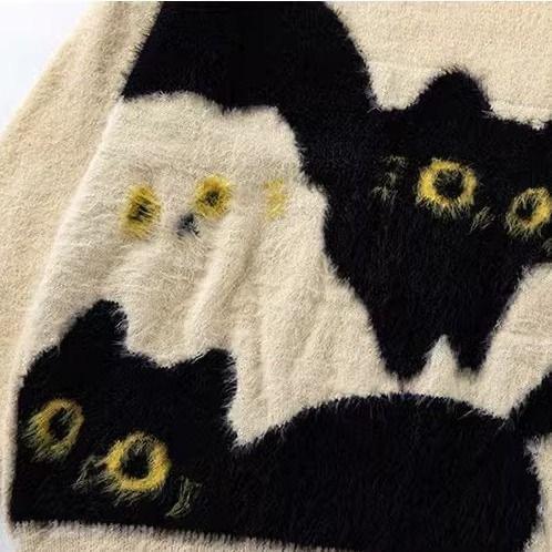Factory Direct Women’s Mustard Yellow Fuzzy Cat Graphic Oversized Sweater
