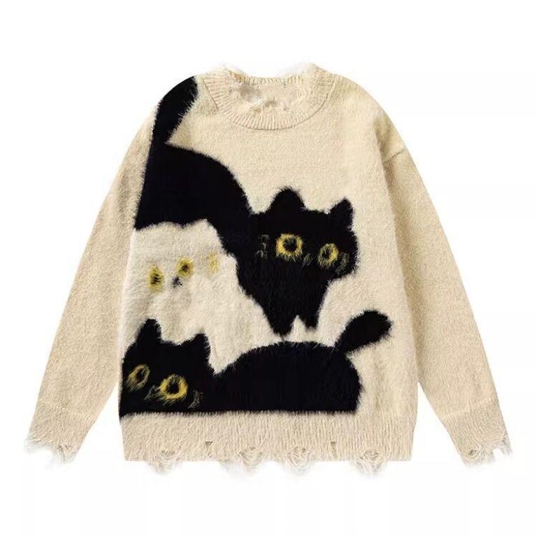 Factory Direct Women’s Mustard Yellow Fuzzy Cat Graphic Oversized Sweater
