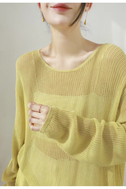 customized Light Yellow Open-Knit Boat Neck Sweater