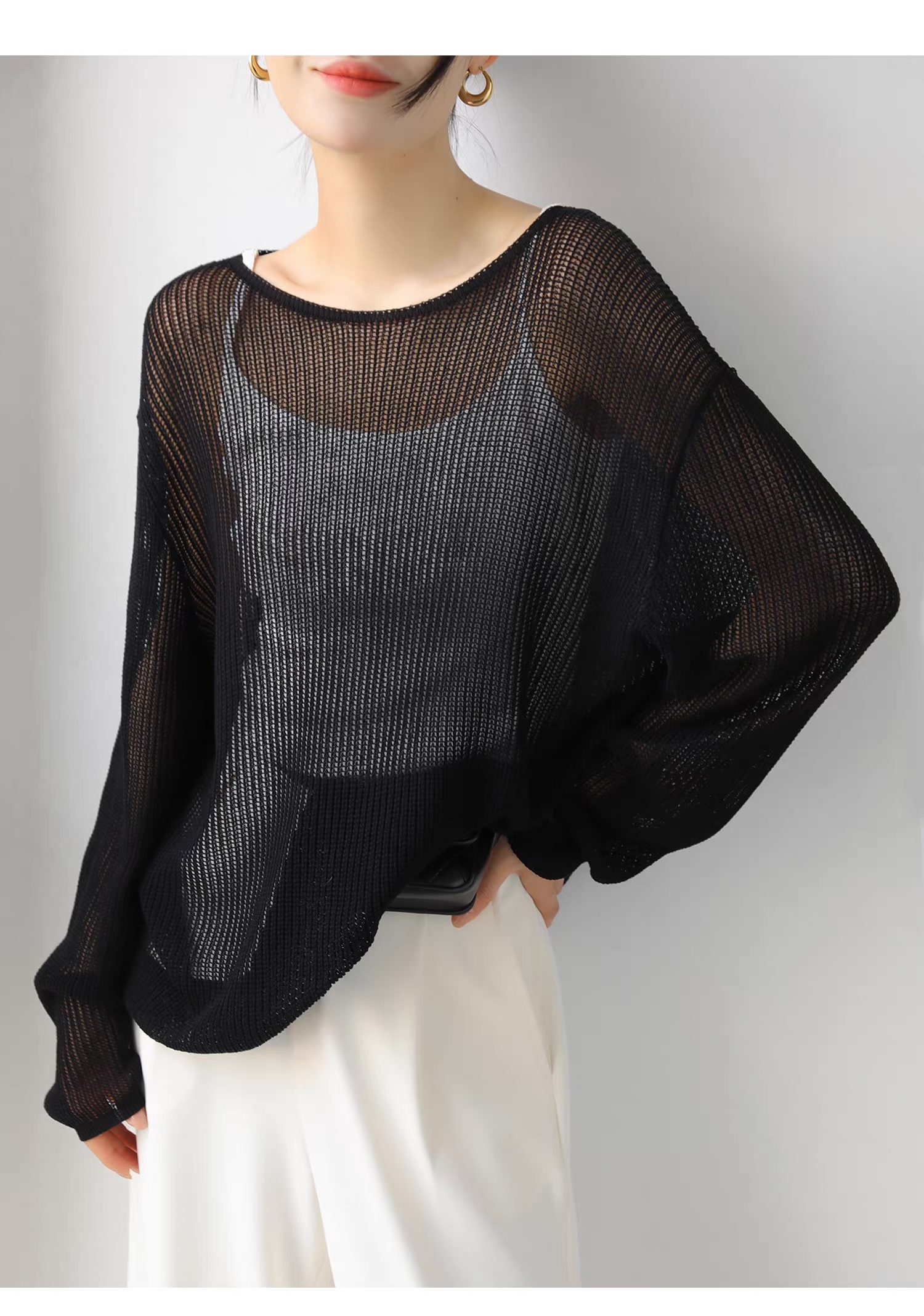 customized Light Yellow Open-Knit Boat Neck Sweater