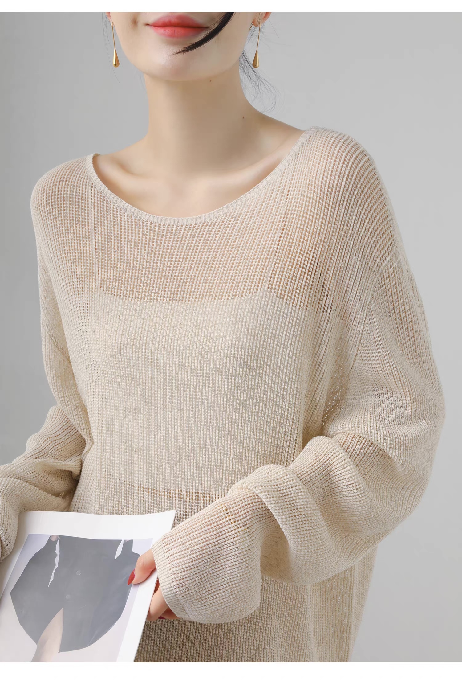 customized Light Yellow Open-Knit Boat Neck Sweater