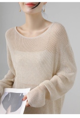 customized Light Yellow Open-Knit Boat Neck Sweater