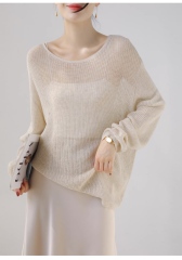 customized Light Yellow Open-Knit Boat Neck Sweater
