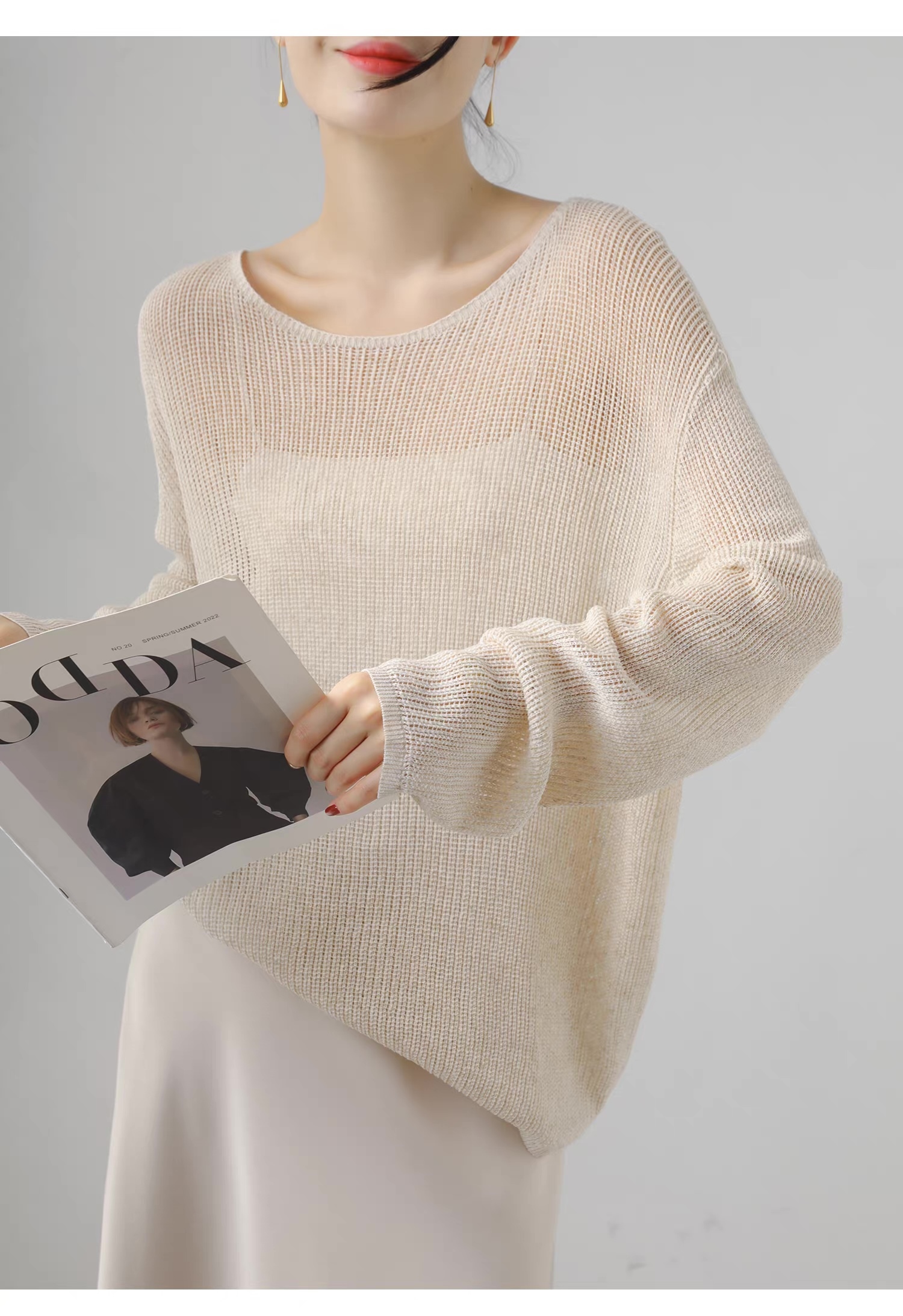 customized Light Yellow Open-Knit Boat Neck Sweater