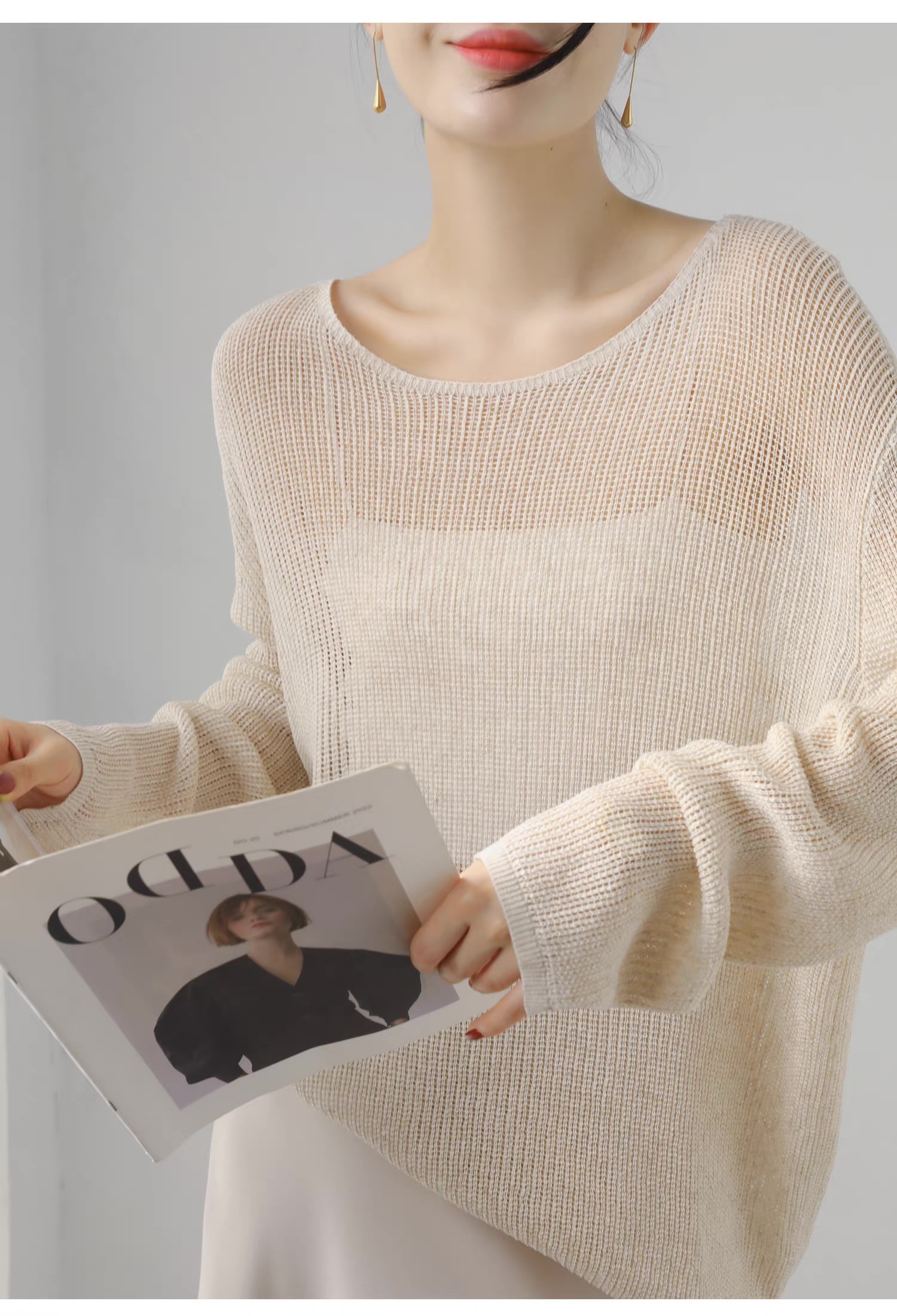 customized Light Yellow Open-Knit Boat Neck Sweater