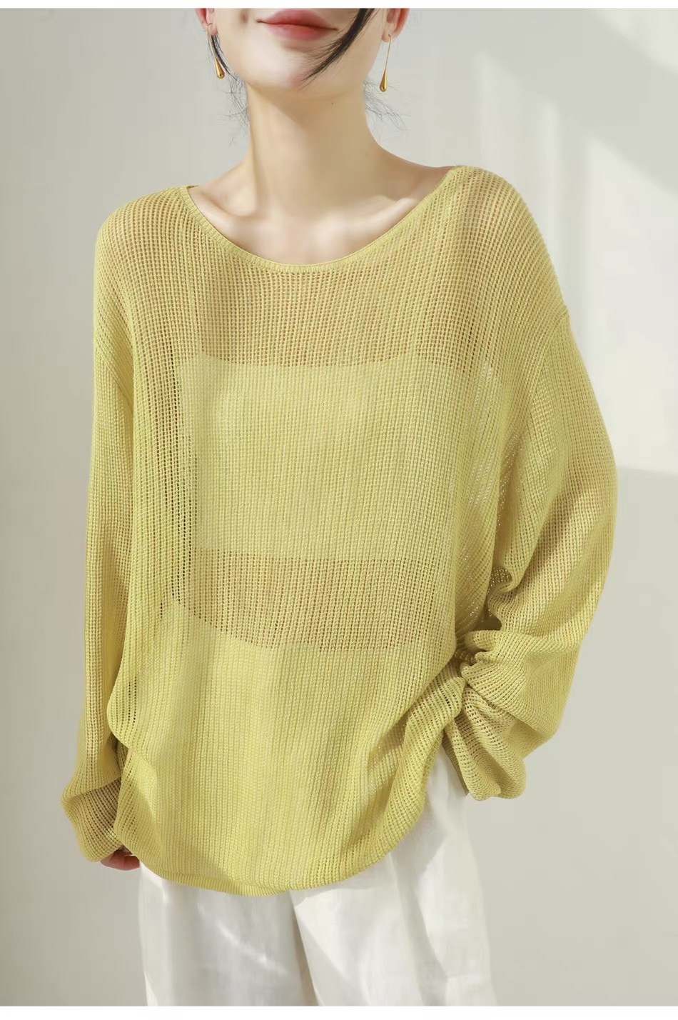 customized Light Yellow Open-Knit Boat Neck Sweater