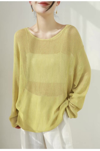 customized Light Yellow Open-Knit Boat Neck Sweater