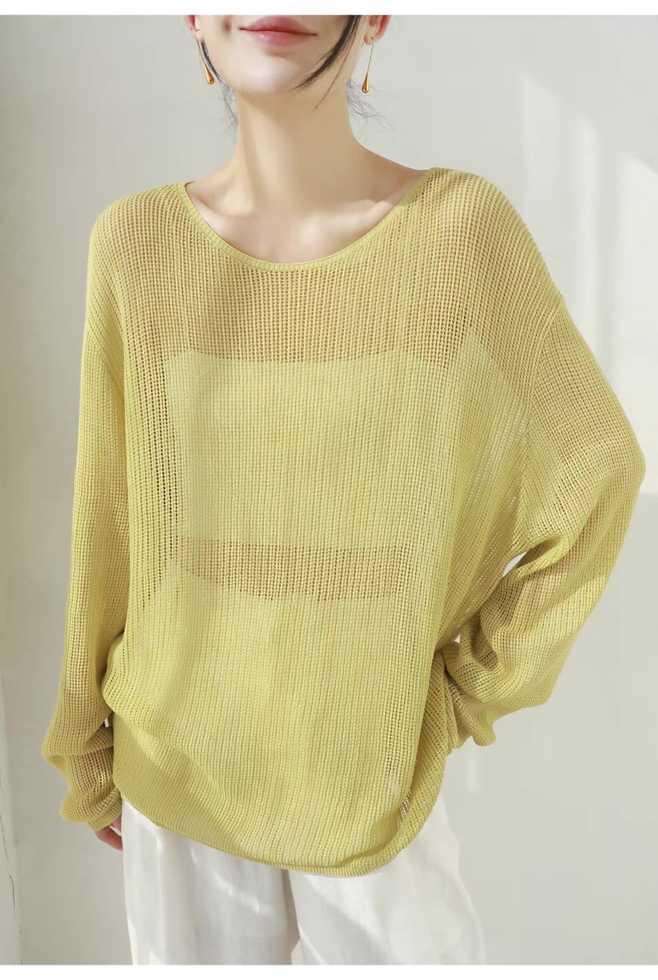 customized Light Yellow Open-Knit Boat Neck Sweater