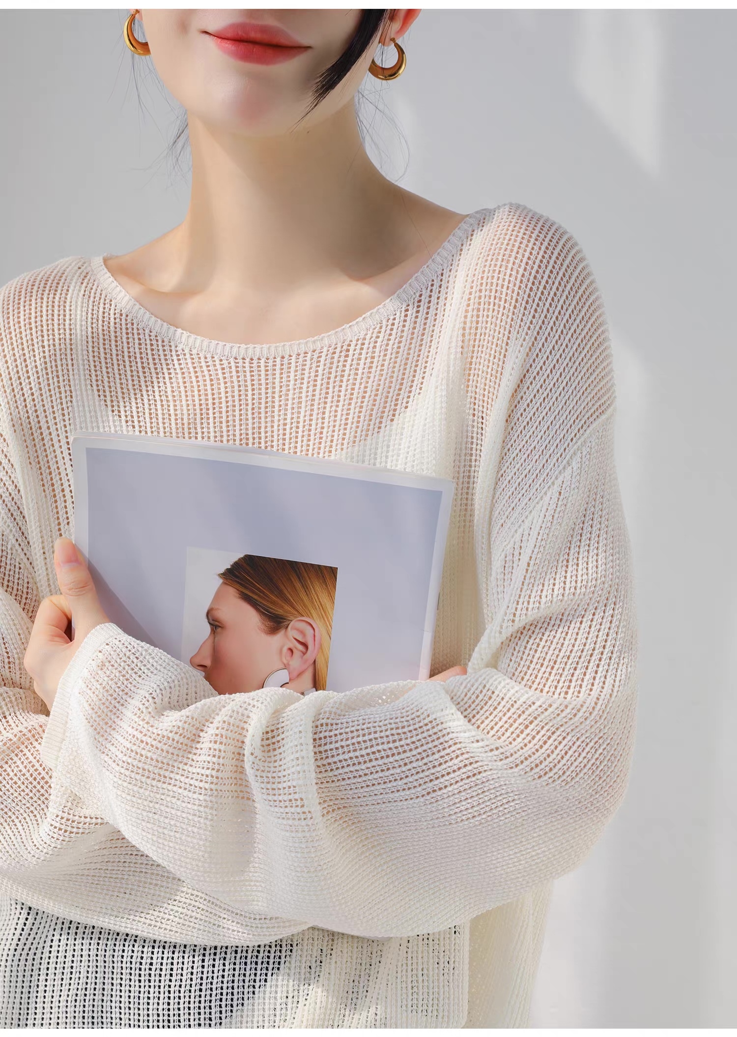 customized Light Yellow Open-Knit Boat Neck Sweater
