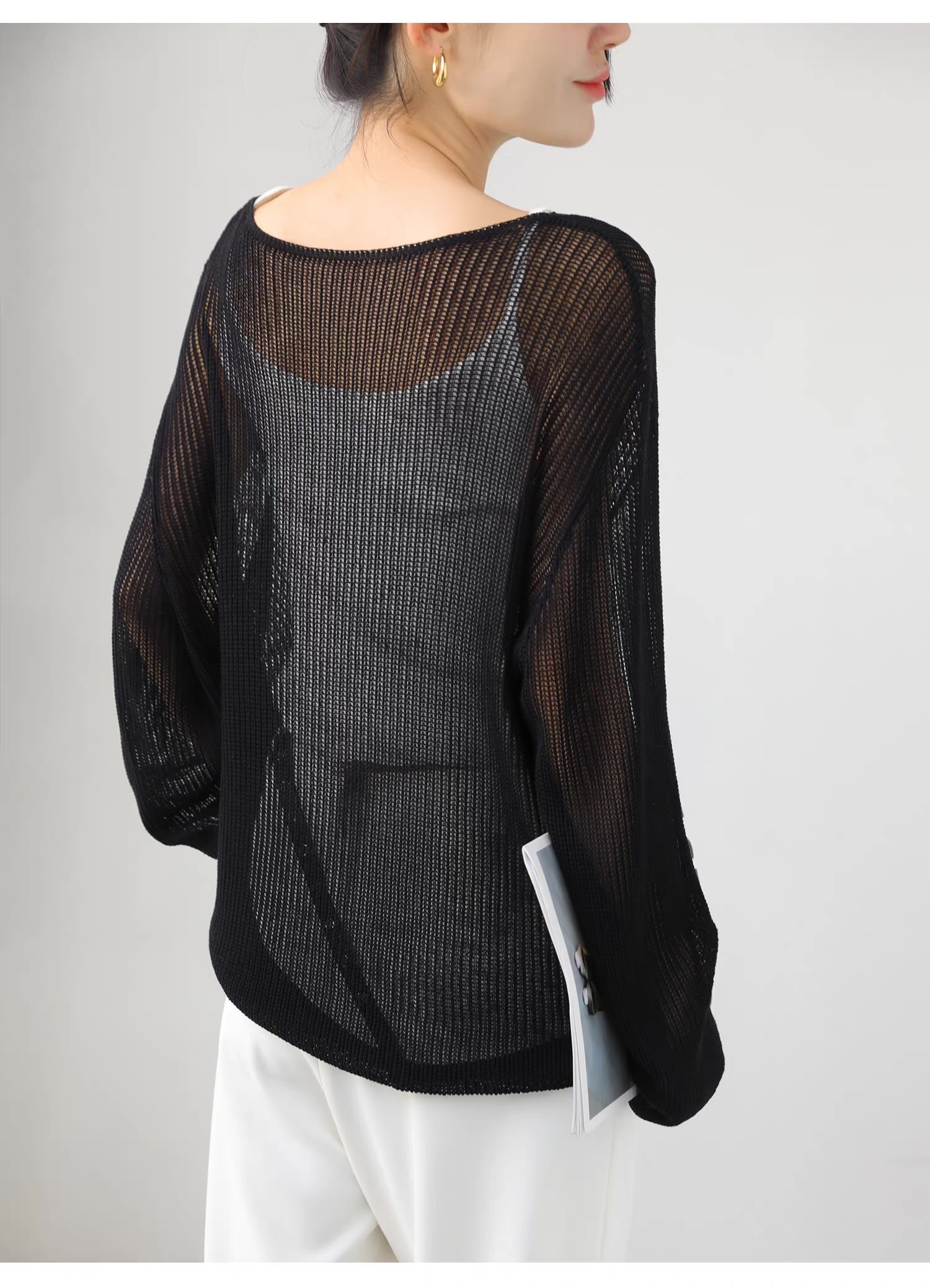 customized Light Yellow Open-Knit Boat Neck Sweater