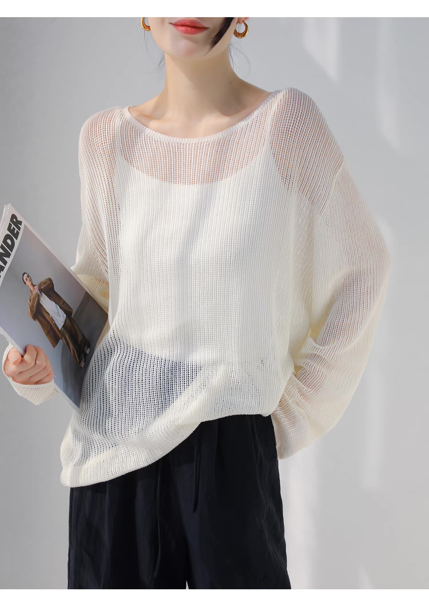 customized Light Yellow Open-Knit Boat Neck Sweater