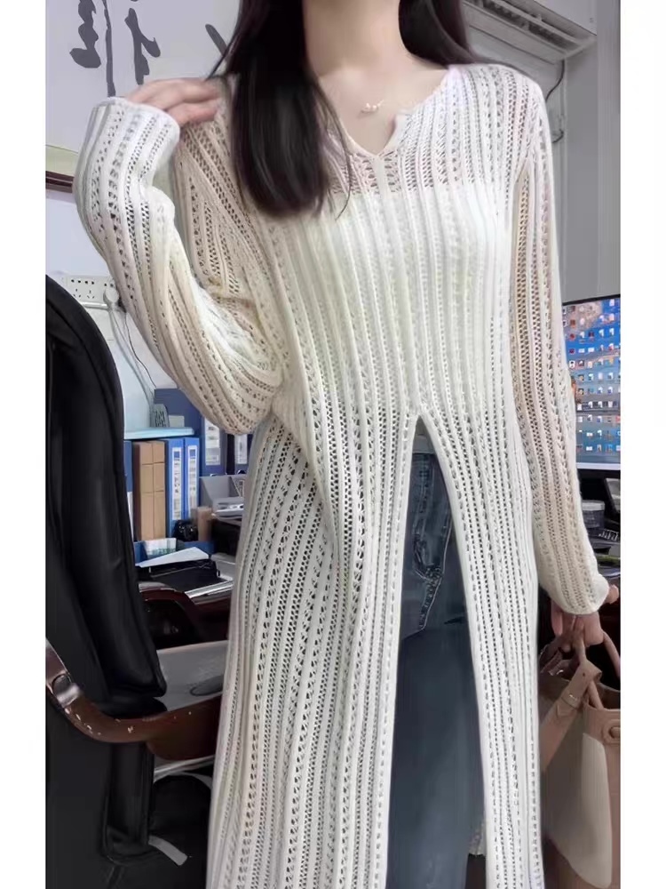 ODM OEM White Open-Knit Long Cardigan Coat