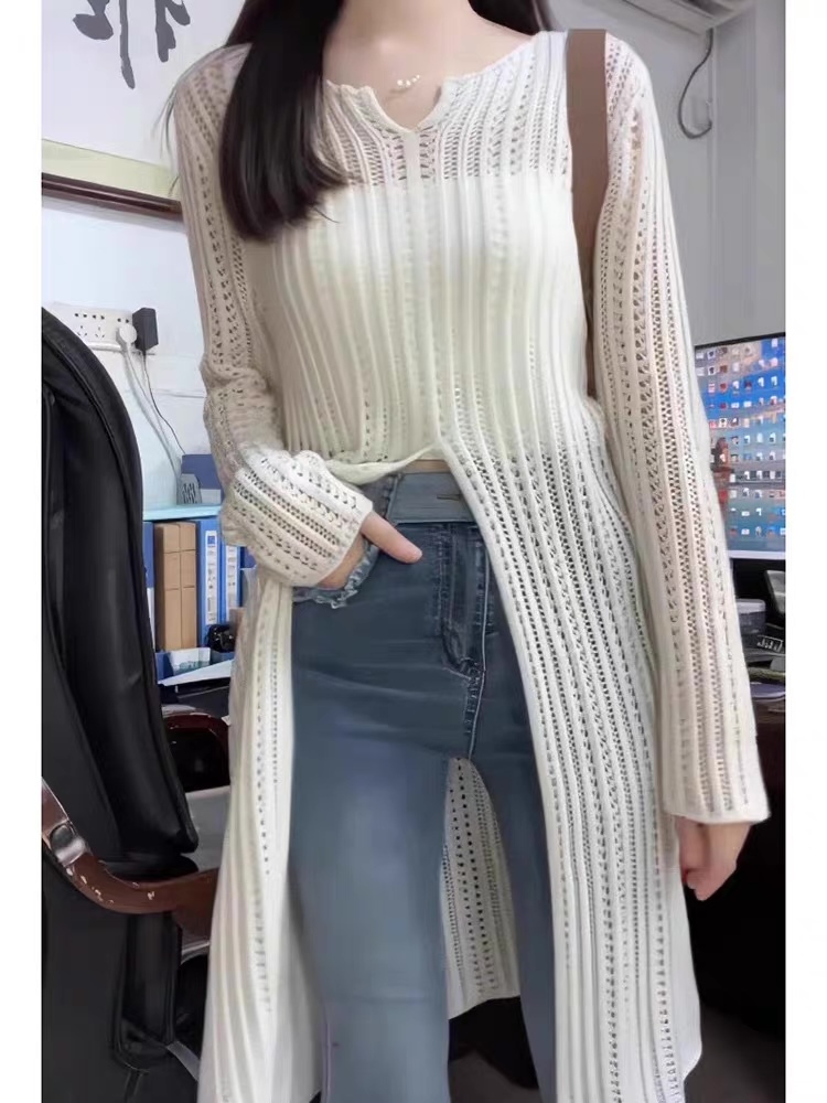 ODM OEM White Open-Knit Long Cardigan Coat