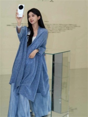 Wholesale Dusty Blue Oversized Draped Knit Cardigan Coat