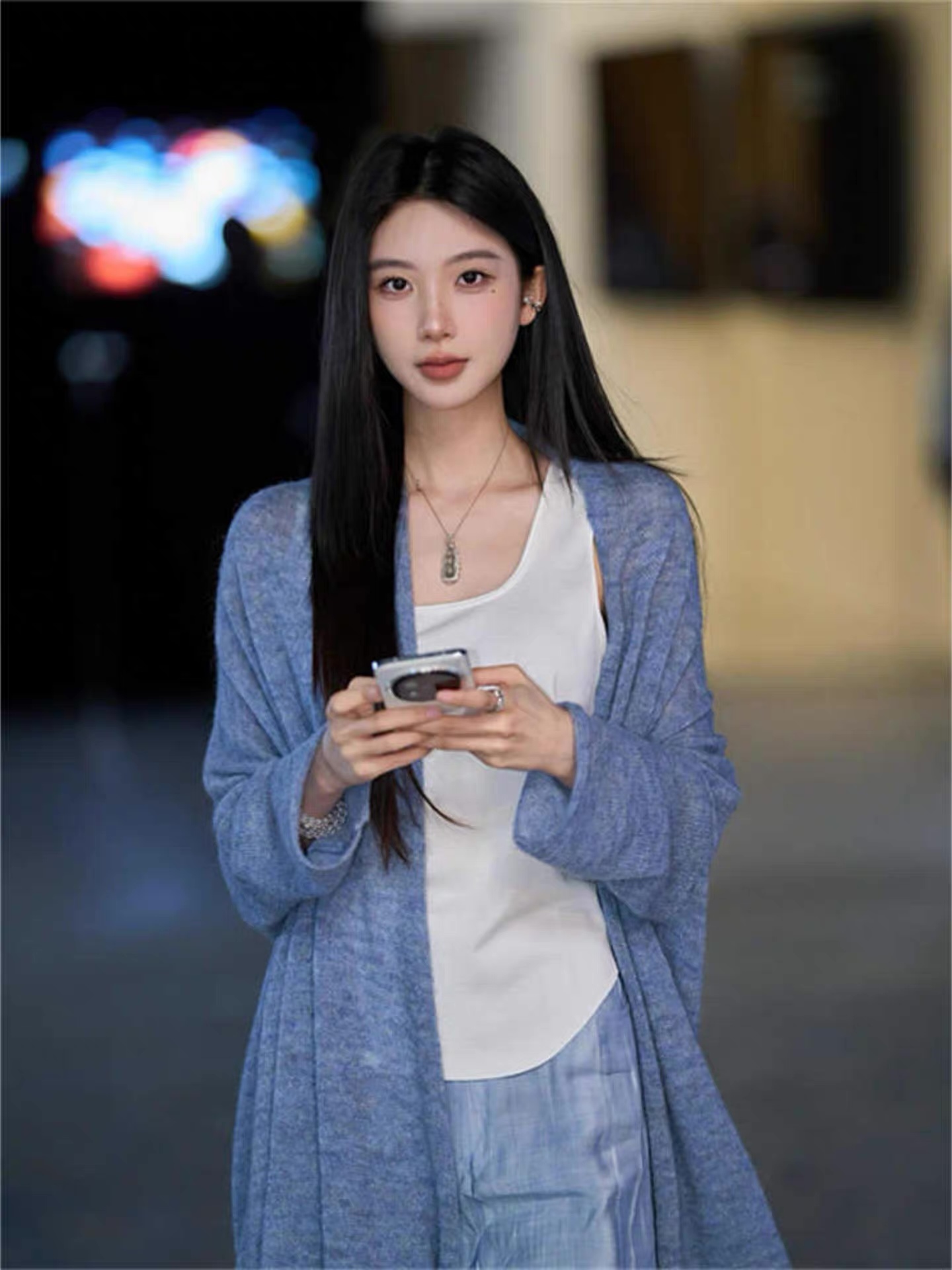 Wholesale Dusty Blue Oversized Draped Knit Cardigan Coat