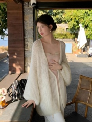 Made-to-order Ivory Fuzzy Knit Open-Front Cardigan Coat