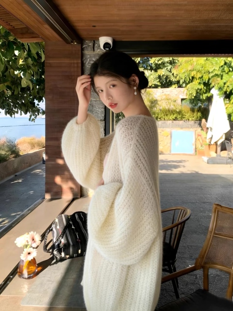 Made-to-order Ivory Fuzzy Knit Open-Front Cardigan Coat