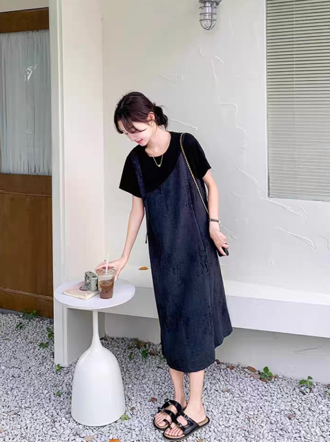 Personalized  Black V-Neck Slip Midi Dress