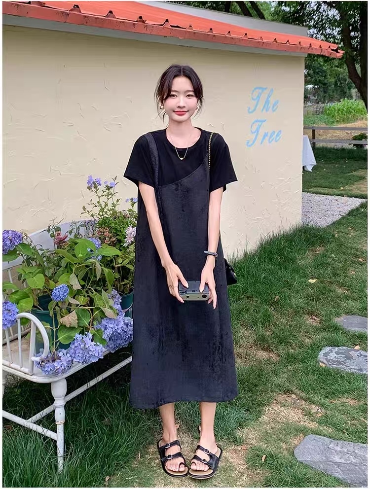 Personalized  Black V-Neck Slip Midi Dress
