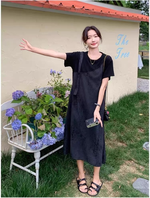 Personalized  Black V-Neck Slip Midi Dress