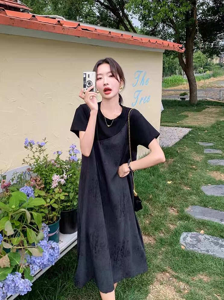 Personalized  Black V-Neck Slip Midi Dress