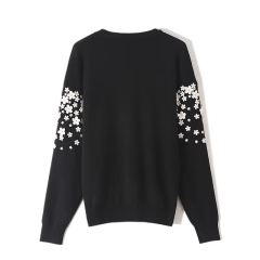 Factory Direct Beige Women’s Black 3D Floral Appliqué Crew-Neck Knit Sweater