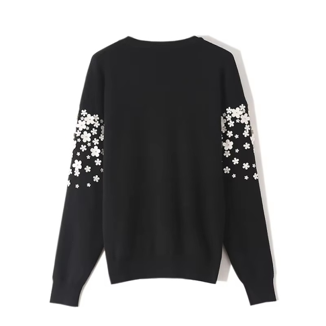 Factory Direct Beige Women’s Black 3D Floral Appliqué Crew-Neck Knit Sweater