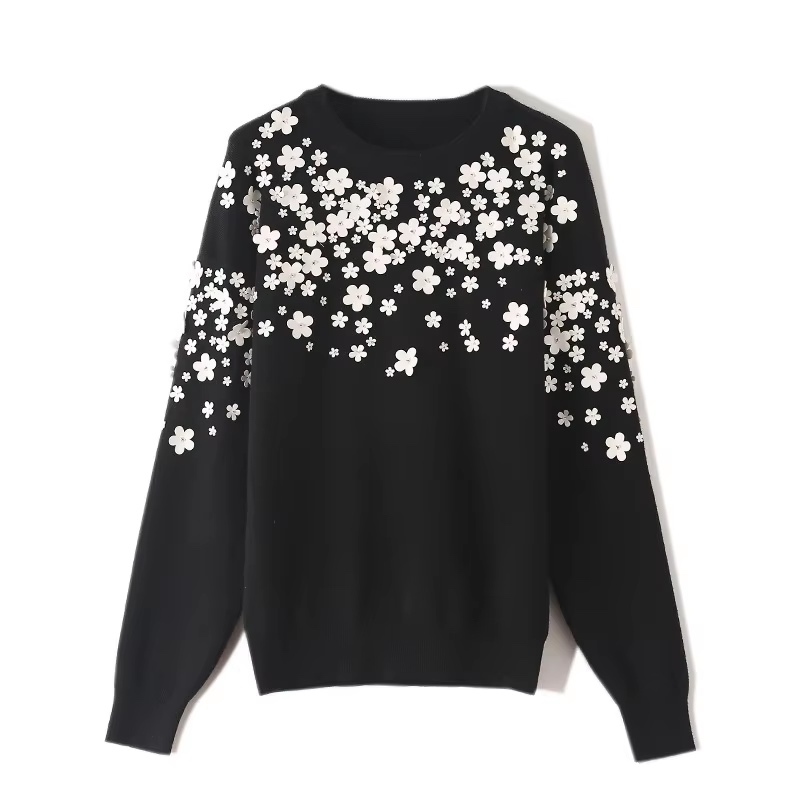 Factory Direct Beige Women’s Black 3D Floral Appliqué Crew-Neck Knit Sweater